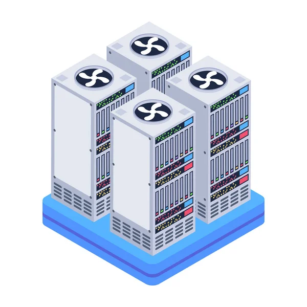 Isometrischer Serverraum Mit Servern Und Datenbank Vektorillustration — Stockvektor