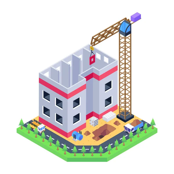 Bâtiment Isométrique Chantier Construction Avec Des Bâtiments Municipaux Illustration Vectorielle — Image vectorielle