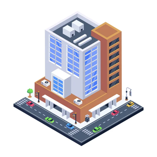 izometrik şehir merkezi, şehir binası, vektör illüstrasyonu