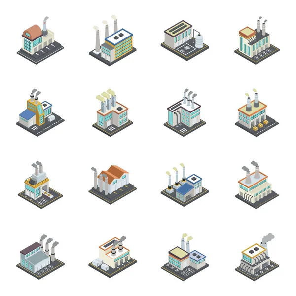 Conjunto Iconos Fábrica Industrial Isométrica Ciudad Ilustración Vectorial — Vector de stock