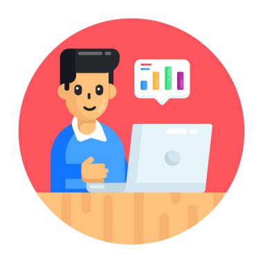 Dizüstü bilgisayarı ve konuşma kabarcığı çizimi olan adam