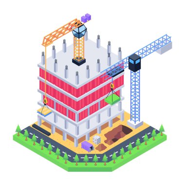 Şehir ve köprüsü olan izometrik bina, vektör illüstrasyonu