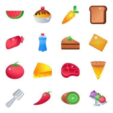 Yiyecek ikonları hazır. Web için 9 burger vektör simgesinin karikatür çizimi