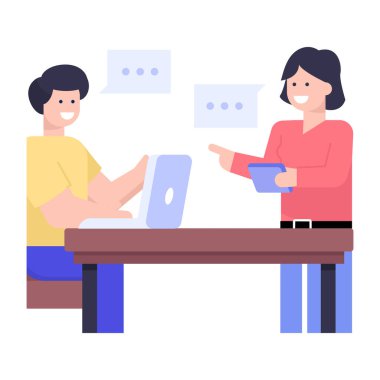 Dizüstü bilgisayarı ve konuşma balonu vektör çizimi olan insanlar