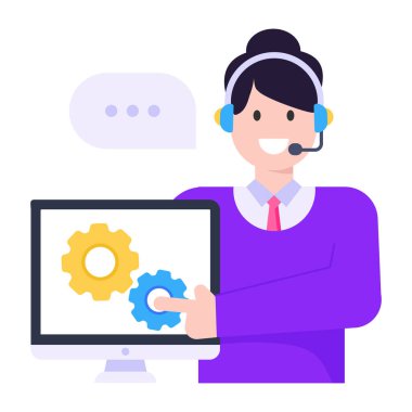 Kulaklık ve dizüstü bilgisayar vektör illüstrasyonlu çağrı merkezi operatörü