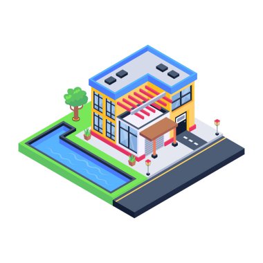 Evleri ve mavi çatıları olan izometrik şehir binası. vektör illüstrasyonu