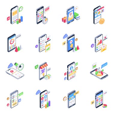 mobil uygulama simgeleri düz biçimde ayarlandı. Web ve yazdırma için beyaz arkaplanda izole edilmiş vektör illüstrasyonu