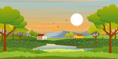 Nehirli güzel bir manzaranın vektör çizimi