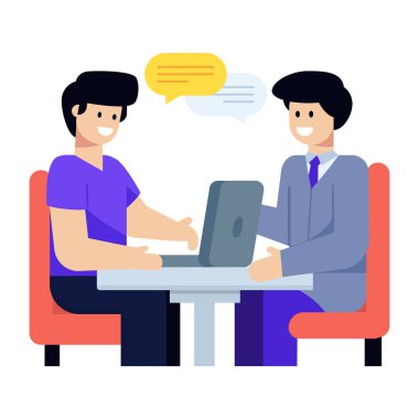 Dizüstü bilgisayarla çalışan insanlar ve sohbet balonu vektör resimleme grafik tasarımı