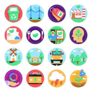 Çevre dostu ikonlar ayarlandı. Beyaz arkaplanda izole edilmiş web için 36 ekoloji vektör sembolünün düz biçimi