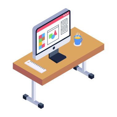 Modern iş yeri ve geliştirme simgelerinin izometrik vektör illüstrasyonu