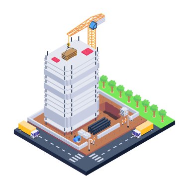 Sanayi fabrikası inşaatı izometrik 3d vektör illüstrasyonu