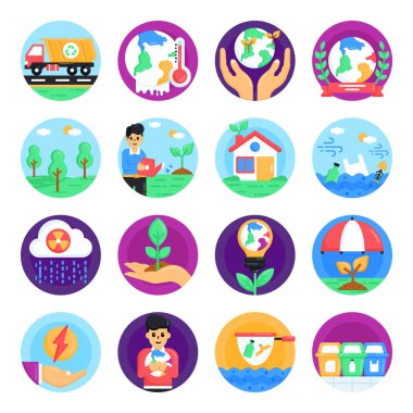 Ekoloji ve çevre ikonları ayarlandı. düz biçim.