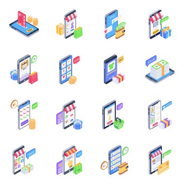 cep telefonu simgeleri ayarlandı. Web için 9 iş vektörü simgesinin izometrik çizimi