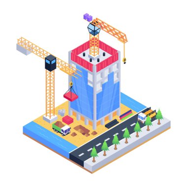 Vinçli bir binanın izometrik vektör çizimi