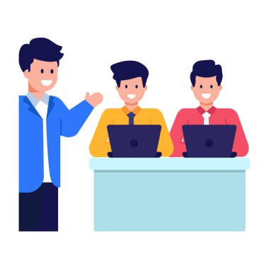 Dizüstü bilgisayar vektör illüstrasyon tasarımı ile çalışan iş adamları