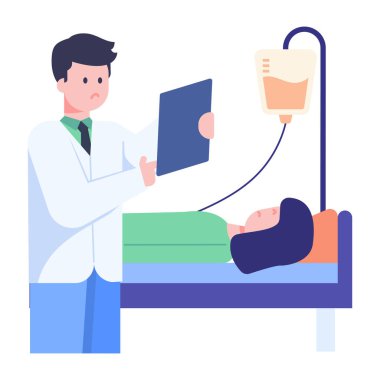 Hastanenin vektör çiziminde hastası olan bir doktor.