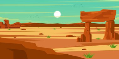 Kum tepeleri ve dağlarla kaplı çöl manzarası. vektör illüstrasyonu