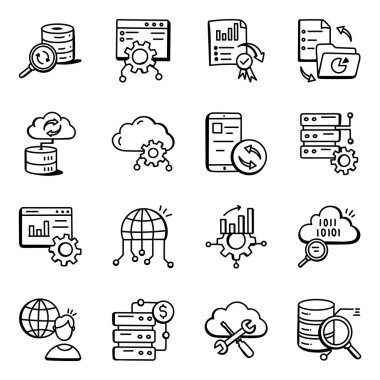 Bulut hesaplama ve teknoloji simgeleri ayarlandı. Web için 16 iş vektörü simgesinin özet çizimi