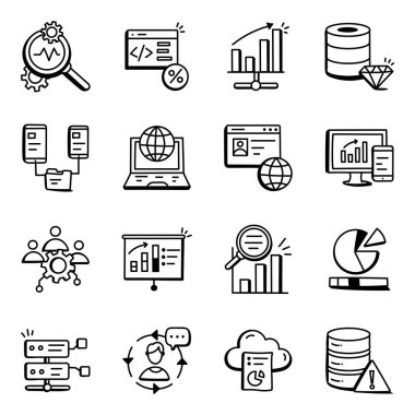 Seo ve teknoloji ikonunun vektör çizimi. Web için iş ve finans hisse senedi koleksiyonu.