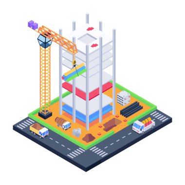 İnşaat alanı vektör illüstrasyon tasarımlı izometrik şehir binası