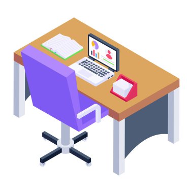 Dizüstü bilgisayarlı izometrik ofis masası