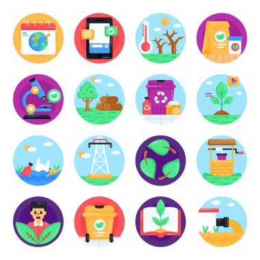 Ekoloji ve çevre ikonları ayarlandı. düz tasarım biçimi.