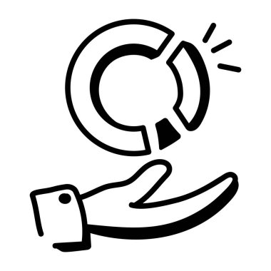 Bir büyüteç simgesini tutan el. Ana hatlı vektör çizimi. beyaz arkaplanda izole