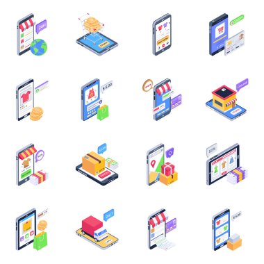 mobil uygulama simgeleri ayarlandı. Beyaz arkaplanda izole edilmiş web için 9 modern aygıt vektör simgesinin izometriği
