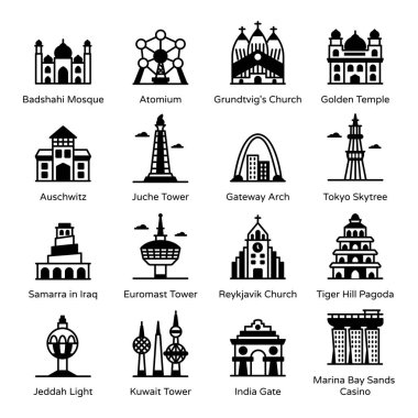 Kilise ikonu seti. Beyaz arkaplanda izole edilmiş ağ için 9 şehir vektör simgesinin basit çizimi