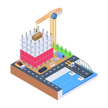 Bir dizi endüstriyel fabrikanın izometrik vektör çizimi.