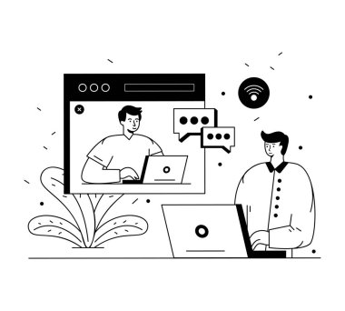 Dizüstü bilgisayarı ve konuşma kabarcığı çizimi olan adam