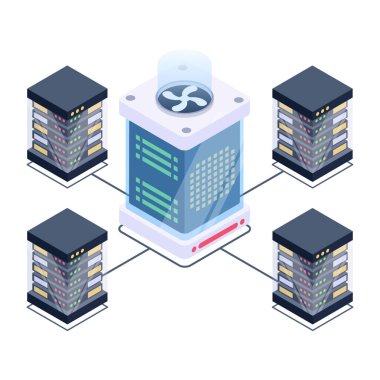 Veritabanı ve teknoloji simgelerinin izometrik çizimi.