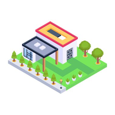 Şehir caddesi olan izometrik ev, vektör illüstrasyonu