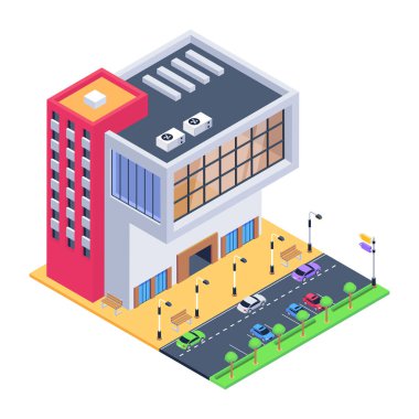 Büyük bir evi olan izometrik şehir binası. vektör illüstrasyonu