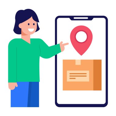 Akıllı telefonu olan kadın, ağ ikonu vektör illüstrasyonu dağıtımı 