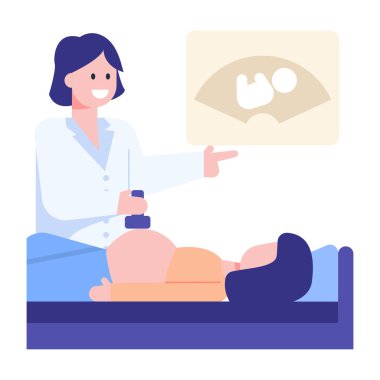 Ultrason makinesi çizimi olan hamile bir kadın.