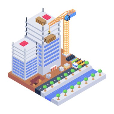 Binası olan bir şehrin izometrik vektör çizimi.