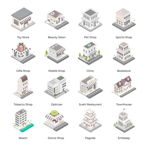 等距建筑物图标设置 网上9个街坊矢量图标的卡通画 — 图库矢量图片
