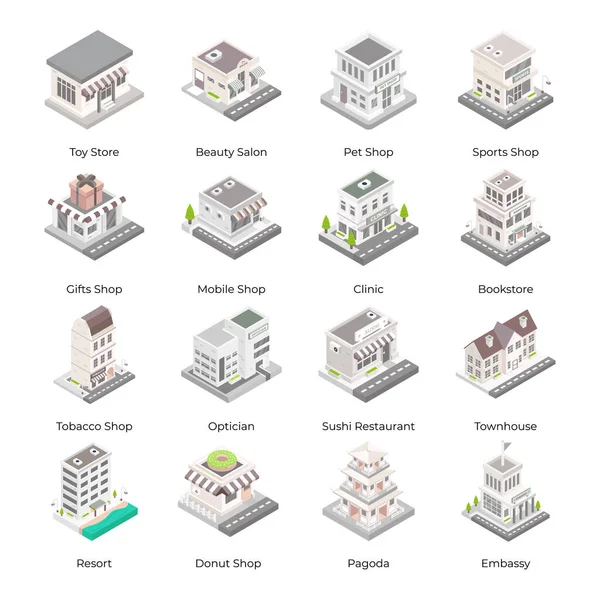 Conjunto Iconos Edificio Isométrico Ilustración Dibujos Animados Icono Vector Calle — Vector de stock