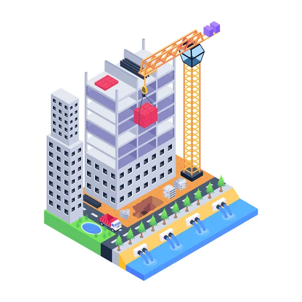 Kentsel binaları ve evleri olan izometrik şehir binası. vektör illüstrasyonu