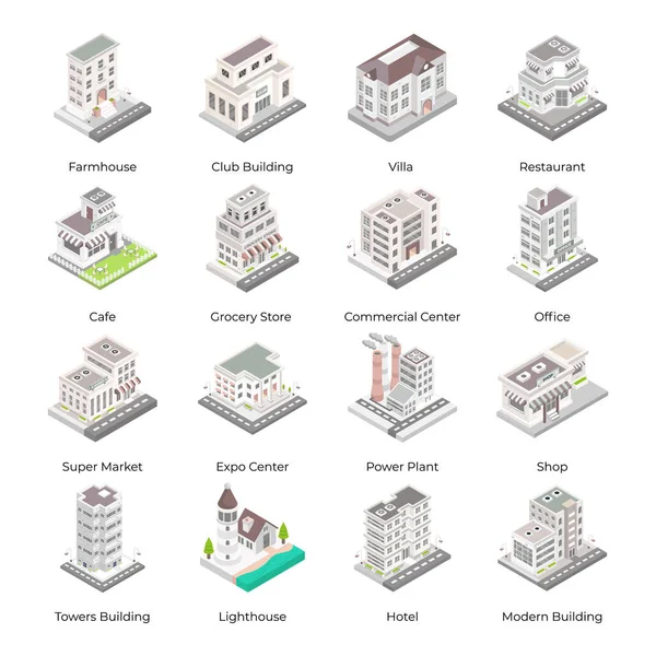 Edificio Urbano Isométrico Con Edificios Otras Infraestructuras Ilustración Vectorial — Vector de stock