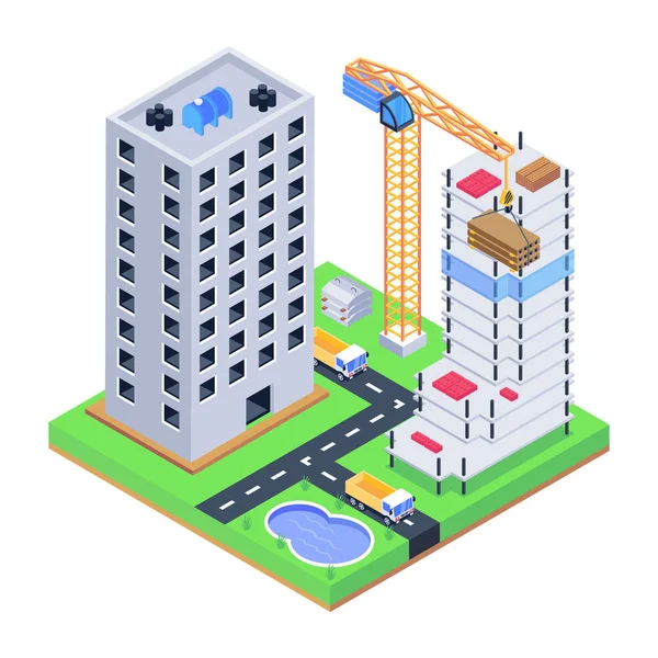 Bâtiment Isométrique Ville Avec Des Bâtiments Modernes Des Infrastructures Urbaines — Image vectorielle