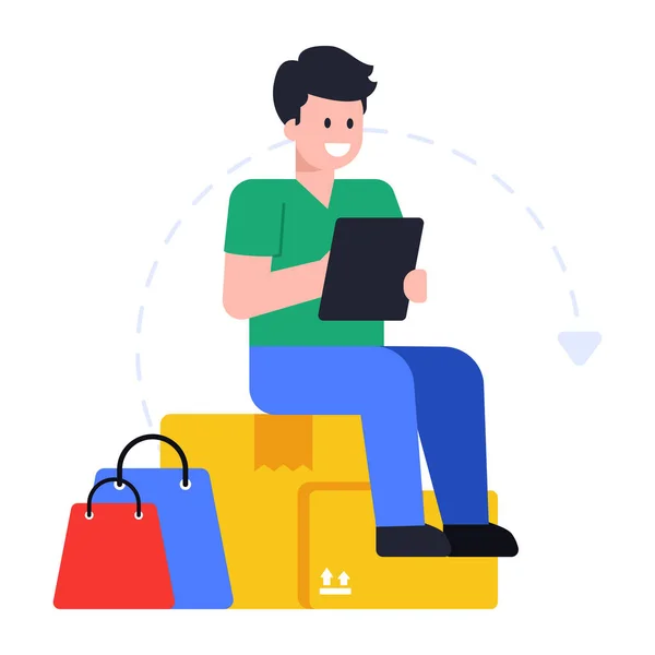 Uomo Con Shopping Bag Smartphone Vettoriale Illustrazione — Vettoriale Stock