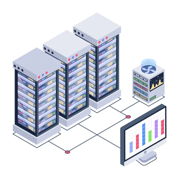 Izometrické Datové Centrum Serverová Místnost Vektorová Ilustrace — Stockový vektor