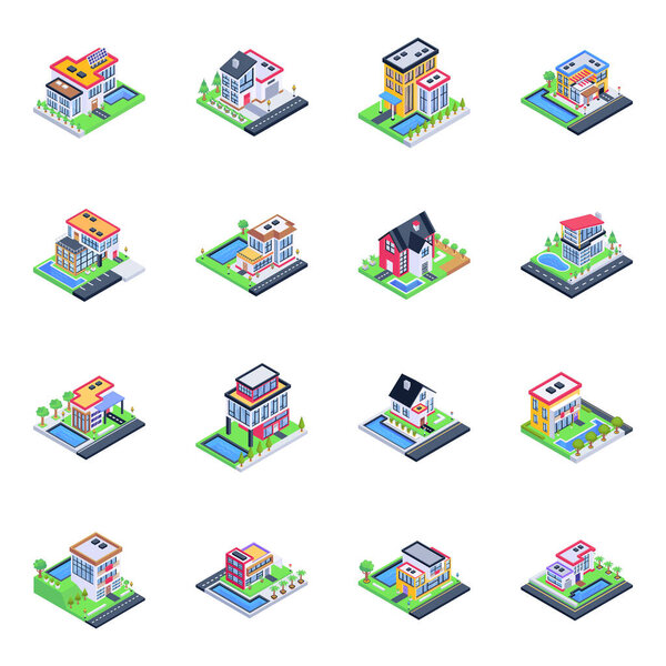 isometric set of 9 people, building, house, and other elements. isolated vector illustration