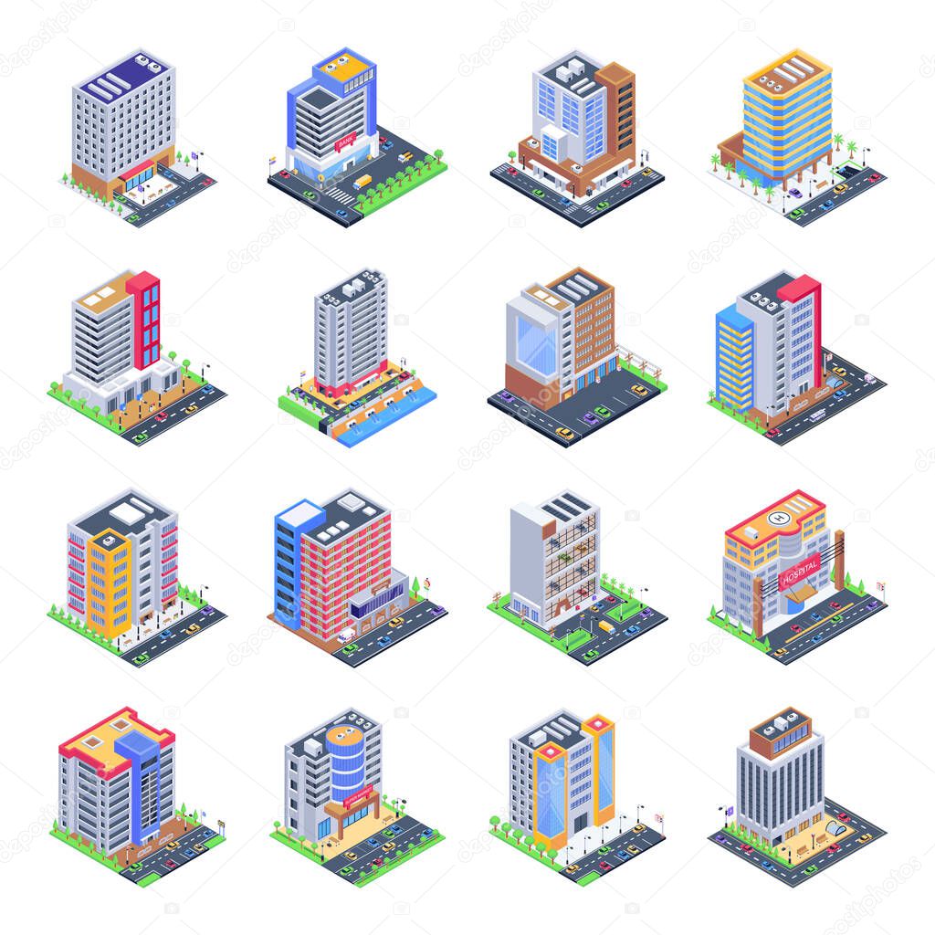 city building isometric icons set. vector illustration of 9 urban architecture isolated on white background
