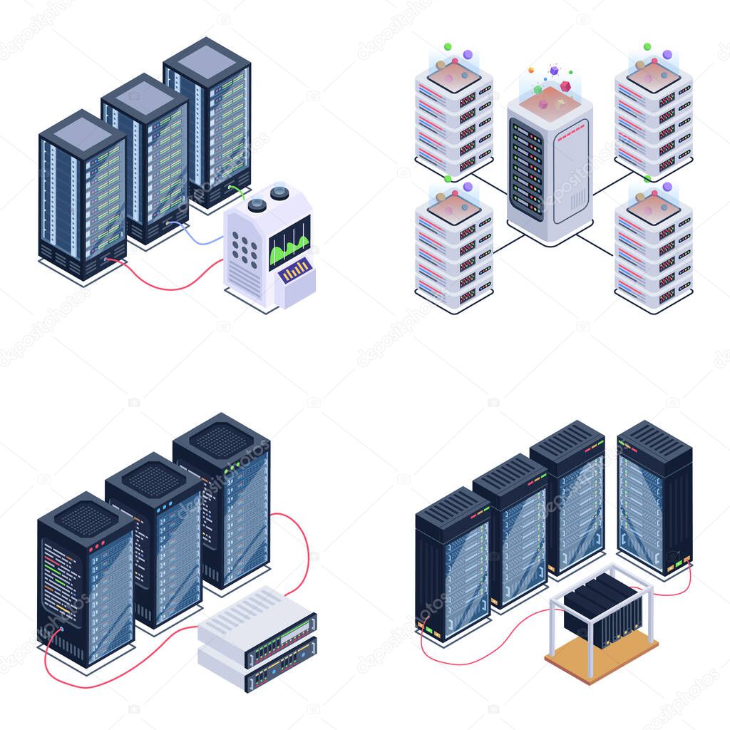 isometric icons of data center, vector illustration