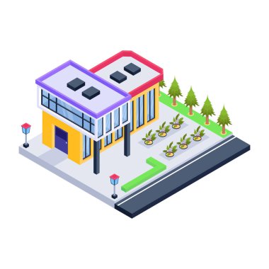 Bir sürü insan ve mavi 3D resimli izometrik şehir caddesi.