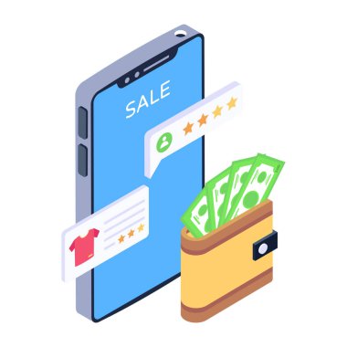 Kredi kartı ve cep telefonuyla izometrik akıllı telefon. vektör illüstrasyonu